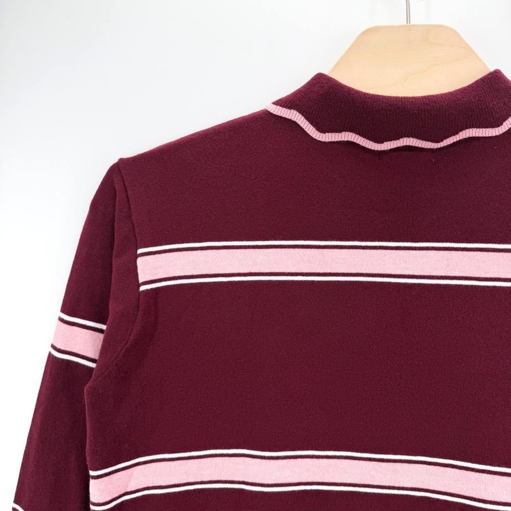 Maeve Anthropologie Knit Polo Women XL Wine Pink Scalloped Stripe Ruffle Sweater - Picture 6 of 12